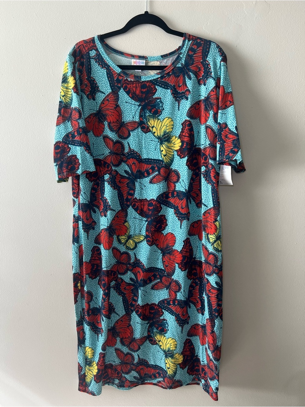 LuLaRoe Julia Aqua Midi Shift Dress with Red and Yellow Butterfly Print